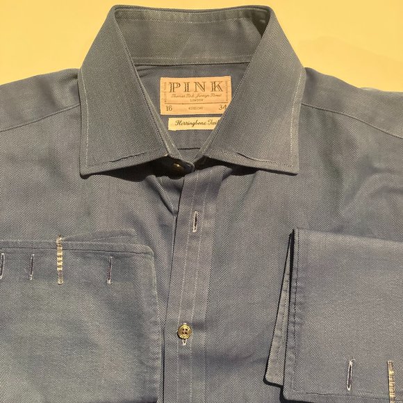 Thomas Pink Mens Long Sleeve Button Down Shirt 16/34 Blue Herringbone Twill - Picture 1 of 7